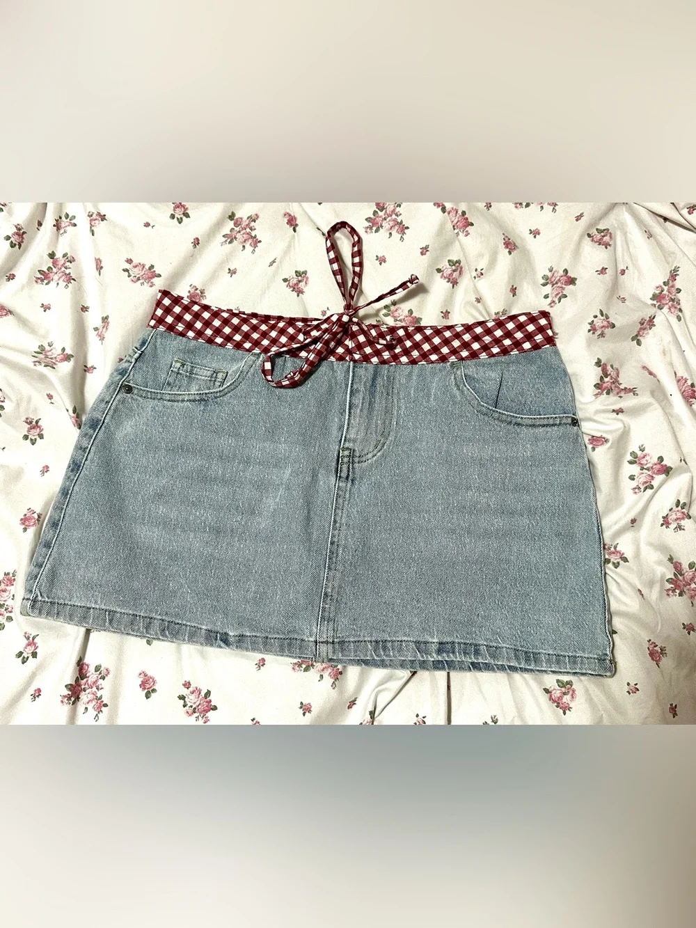No Boundaries Light Blue Denim Mini Skirt with Red Gingham Waist Tie - Picture 1 of 8